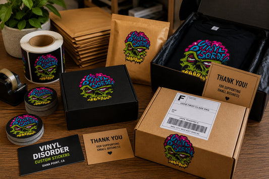 Small business packing table with colorful Vinyl Disorder logo stickers on mailers, boxes, apparel, and branded inserts