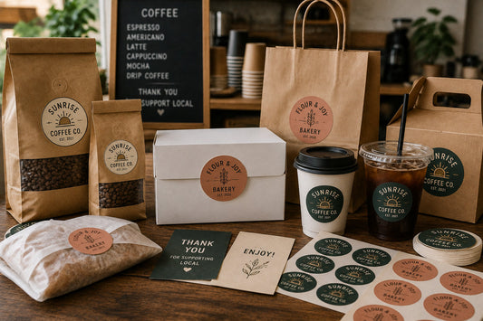 Coordinated fictional coffee shop and bakery packaging table with coffee bags, pastry boxes, cups, takeout bags, sticker sheets, and thank-you materials