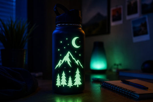 Glow in the dark mountain and star stickers on a dark water bottle in a dim room