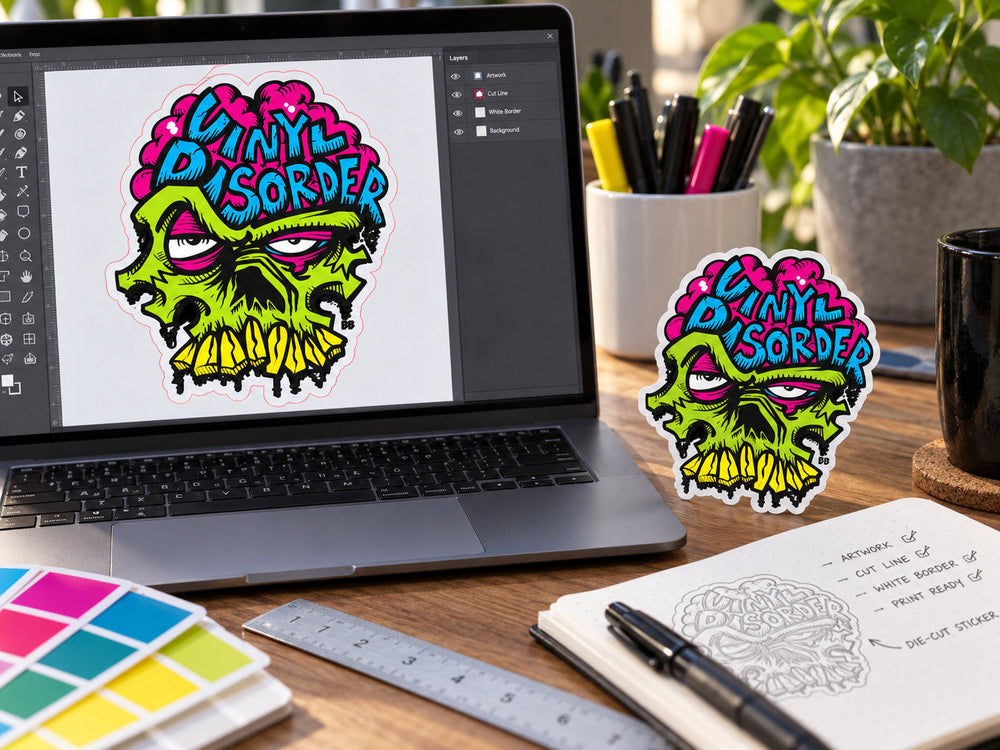 Designer turning the colorful Vinyl Disorder logo into a die-cut sticker proof beside a finished sample