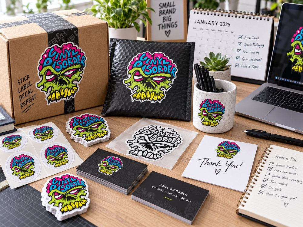 Vinyl Disorder New Year brand refresh kit with updated stickers, packaging, labels, business cards, laptop, and planning materials