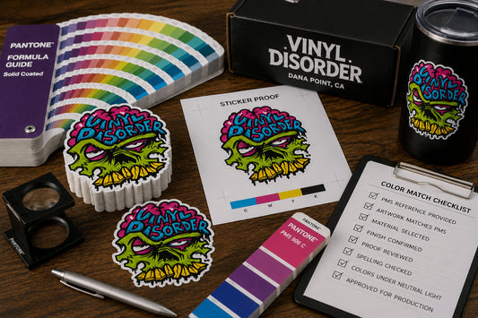 Pantone swatch book beside Vinyl Disorder sticker proofs, branded packaging, and a color review checklist
