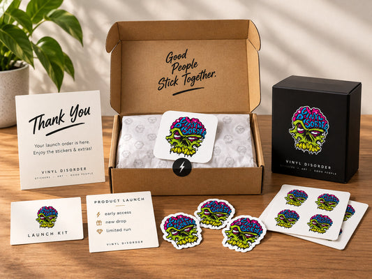 Professional Vinyl Disorder product launch kit with custom stickers, kraft packaging, thank-you card, and branded sample box