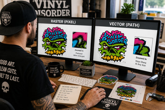 Designer comparing pixel-based raster artwork and smooth vector paths on dual monitors in a Vinyl Disorder studio
