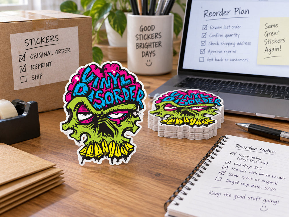 Vinyl Disorder sticker reorder workspace with previous order reference, reprint notes, and fresh colorful sticker stacks