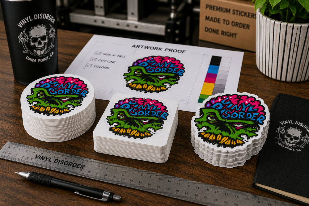 Round, square, and custom die cut Vinyl Disorder sticker stacks arranged on a print shop workbench