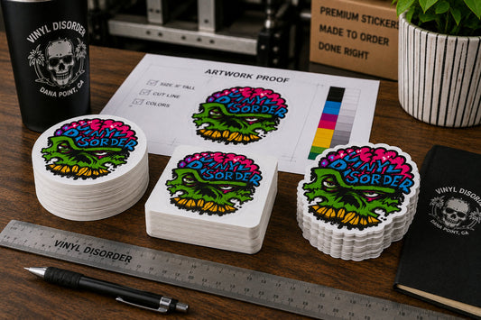 Round, square, and custom die cut Vinyl Disorder sticker stacks arranged on a print shop workbench