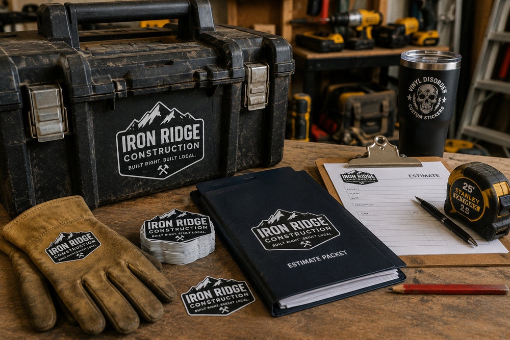 Fictional contractor workbench with rugged toolbox, estimate packet, clipboard, custom stickers, work gloves, tape measure, and workshop tools