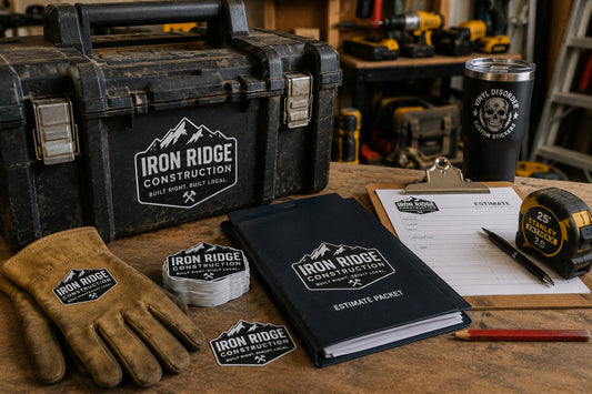 Fictional contractor workbench with rugged toolbox, estimate packet, clipboard, custom stickers, work gloves, tape measure, and workshop tools