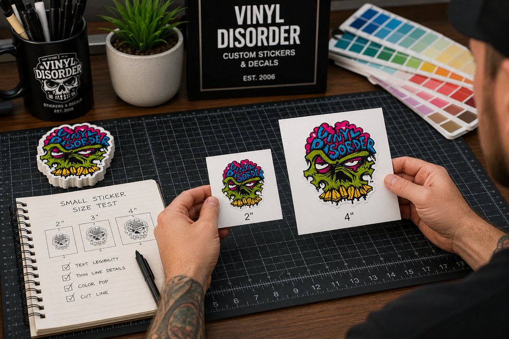 Designer comparing 2 inch and 4 inch Vinyl Disorder sticker proofs at a print shop desk