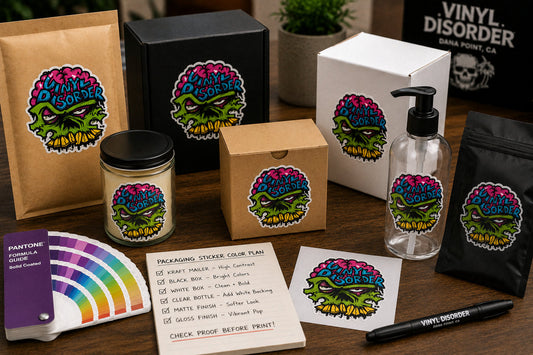 Kraft, black, white, and clear packaging arranged with colorful Vinyl Disorder sticker examples and a packaging color plan