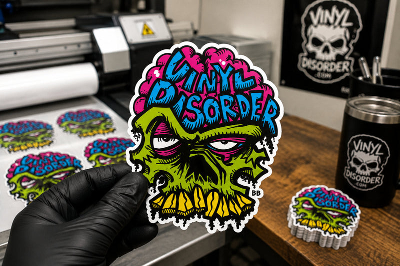 Black-gloved hand holding a finished Vinyl Disorder die cut sticker with a white border in a print shop