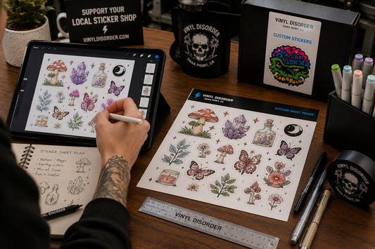 Artist arranging a coordinated sticker sheet on a tablet beside a finished physical proof in a creative studio