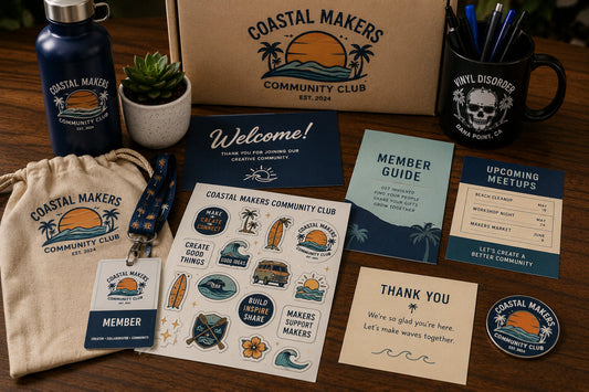 Fictional community club welcome kit with a coordinated sticker sheet, membership badge, bottle, welcome materials, and tote