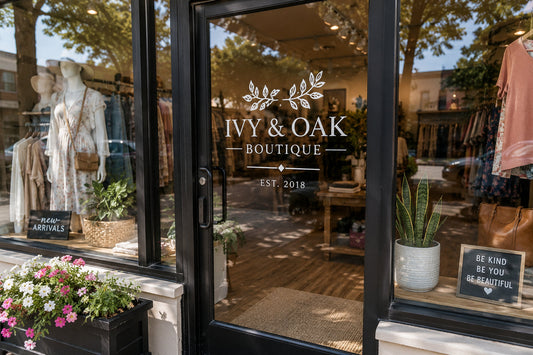 Fictional boutique storefront with a clean white business-name decal on the glass entrance, merchandise displays, and street reflections