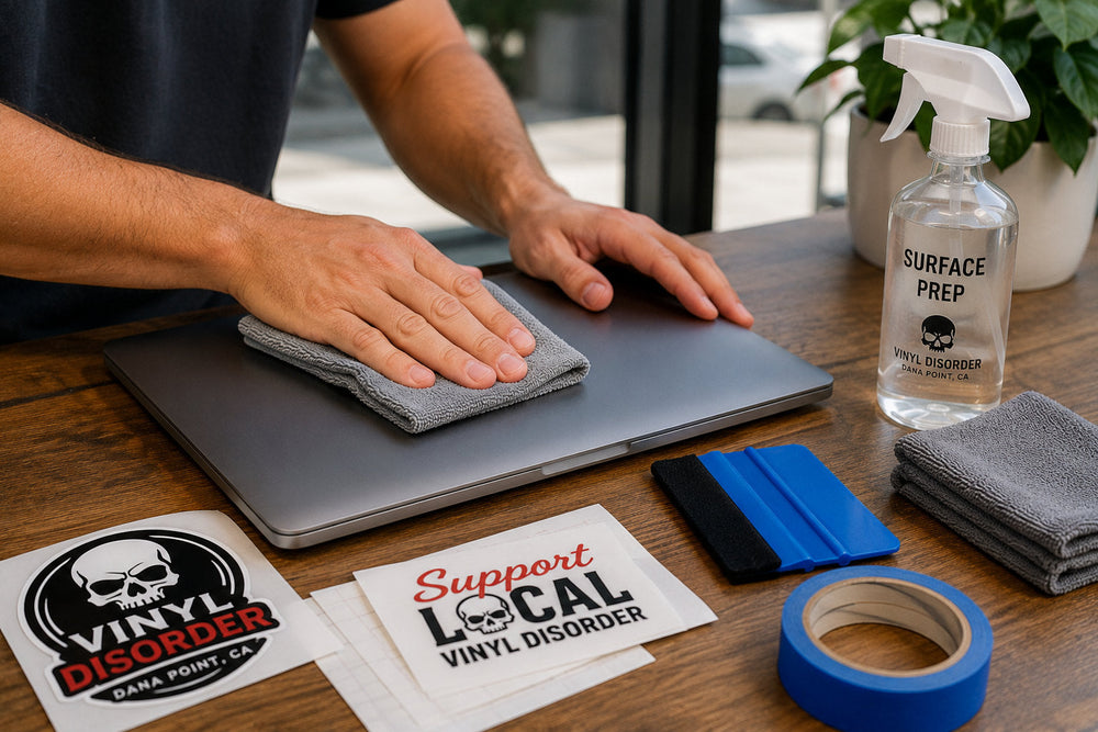Adult cleaning a closed laptop lid with a microfiber cloth before applying custom stickers, with prep tools and sticker samples nearby