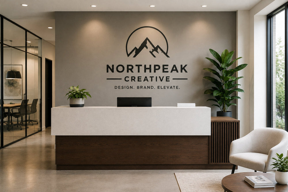 Modern fictional office reception with a clean company logo wall decal behind the front desk, plants, seating, and natural light