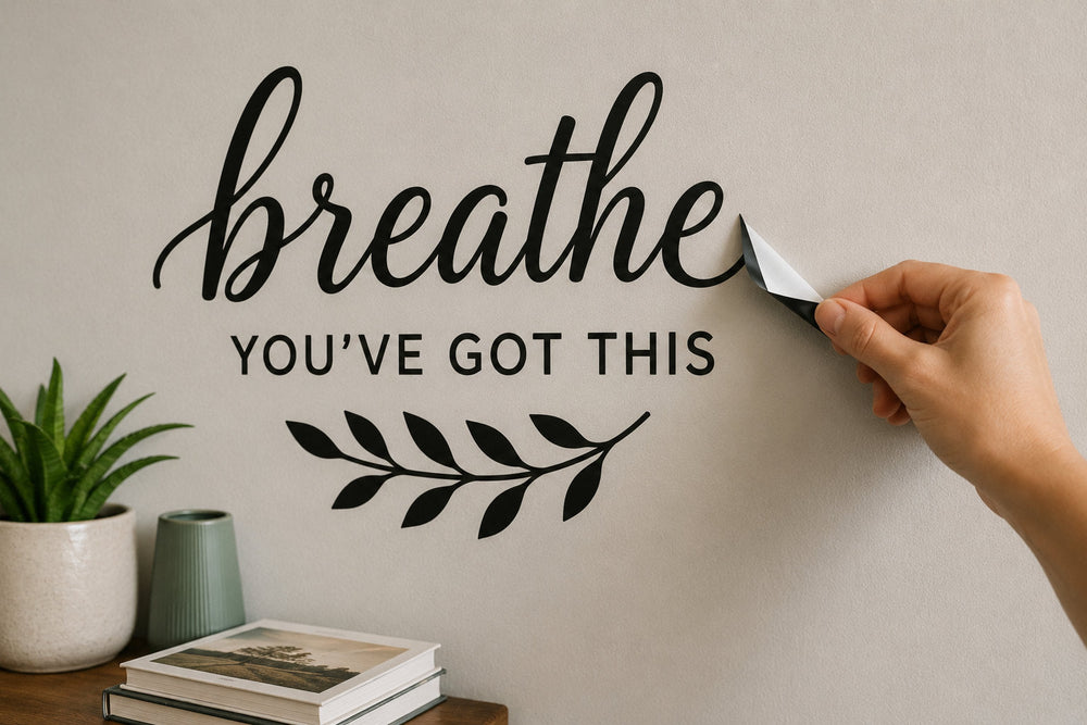 Adult hand gently lifting the corner of a simple black wall decal from a light painted wall in a clean home interior