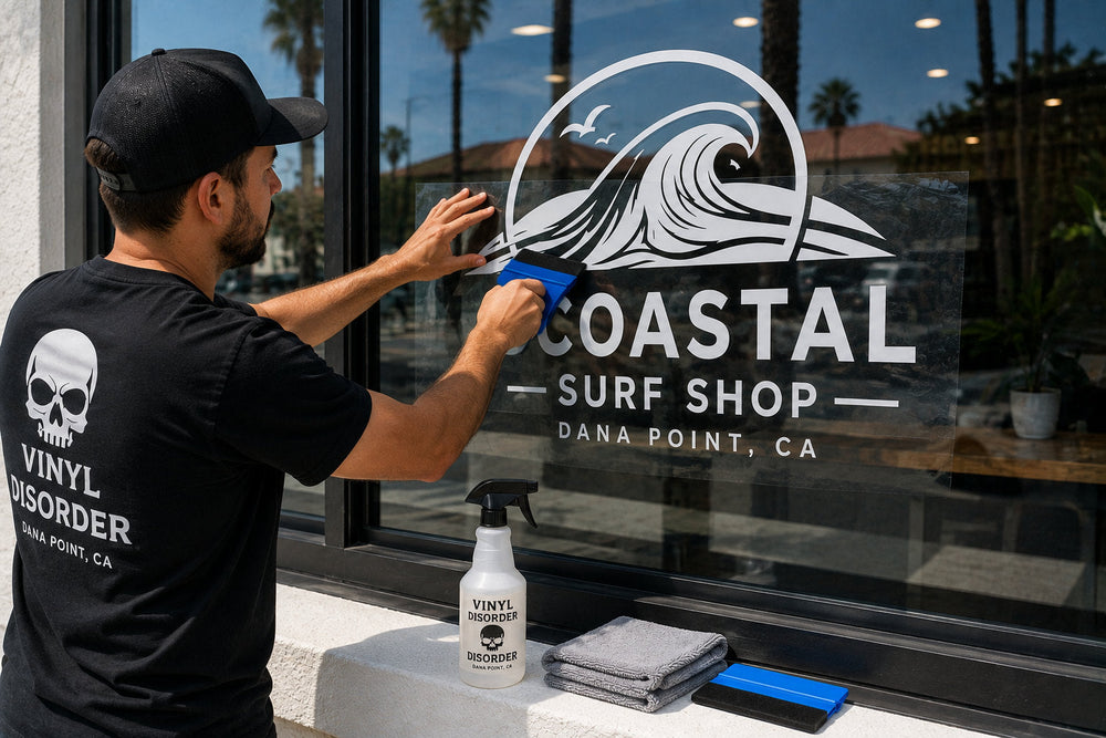 Adult installer applying a large fictional storefront vinyl decal to glass with a squeegee and installation tools nearby
