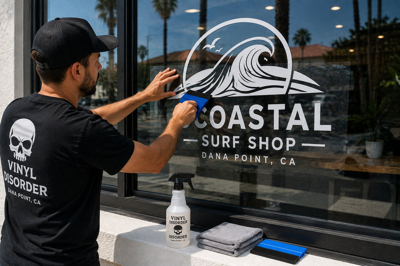 Adult installer applying a large fictional storefront vinyl decal to glass with a squeegee and installation tools nearby