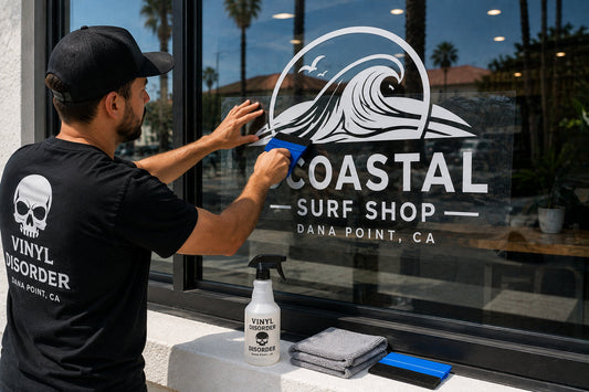 Adult installer applying a large fictional storefront vinyl decal to glass with a squeegee and installation tools nearby