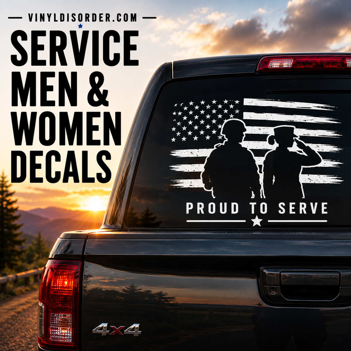 Service men and women vinyl decal collection with Air Force, Army, Coast Guard, fire rescue, Marines, National Guard, Navy, POW, and hero designs
