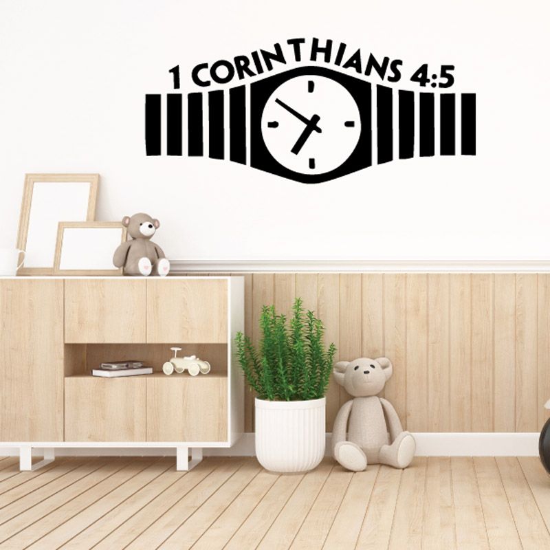 Bible verse watch decal with '1 Corinthians 4:5' and cross in circle