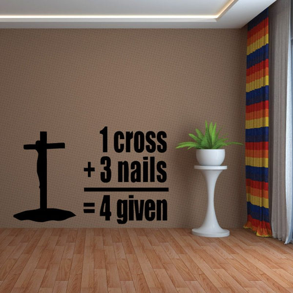 Black wall decal with cross icon and '1 cross + 3 nails = 4 given' text