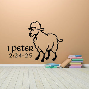 Sheep decal with text “1 peter 2:24-25” and simple black line illustration