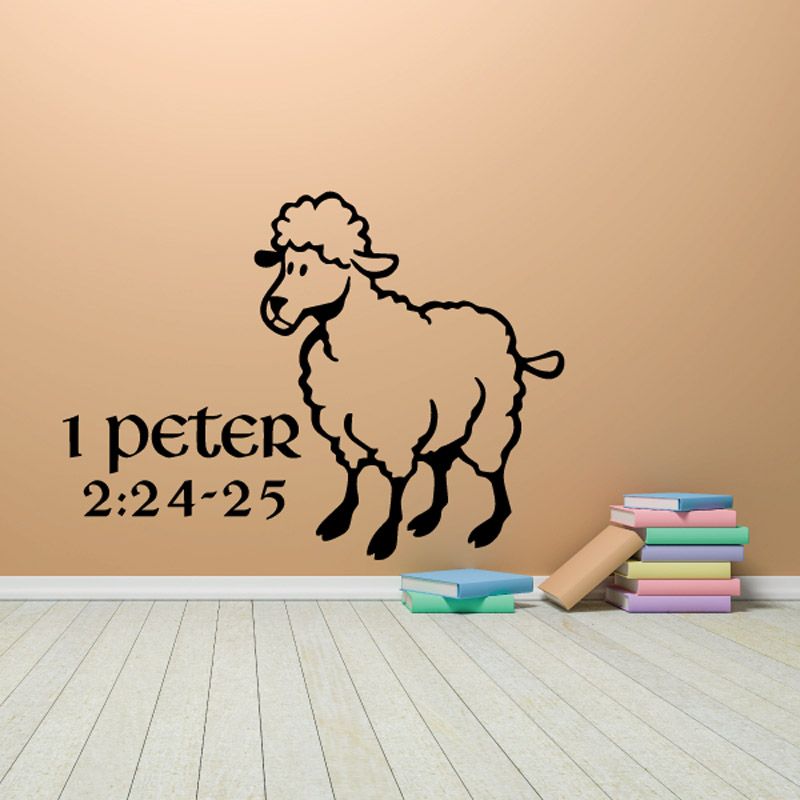 Sheep decal with text “1 peter 2:24-25” and simple black line illustration