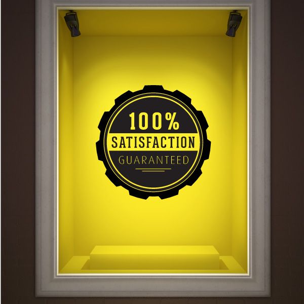 Round vinyl wall decal, black badge with yellow “100% Satisfaction Guaranteed” text