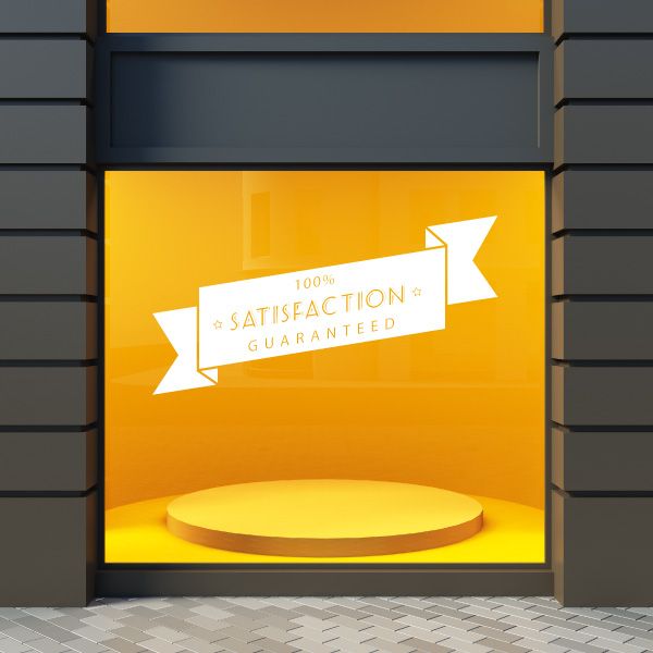 White vinyl wall decal ribbon banner reading 'SATISFACTION GUARANTEED'.
