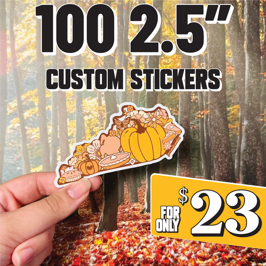 100 2.5" custom stickers with a fall theme background featuring a hand holding a sticker