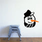 Two-color snowman face decal with black hat, orange nose, striped scarf.