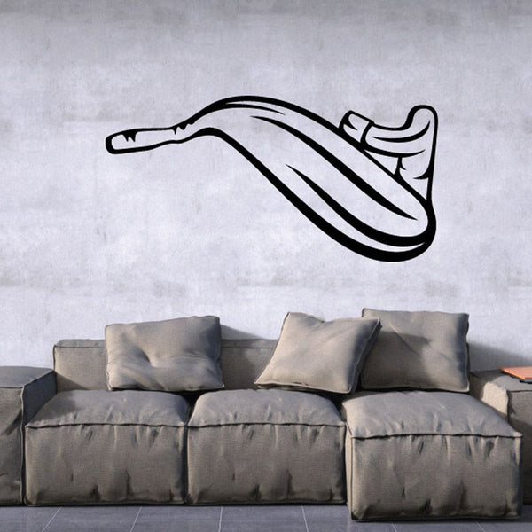 Motorcycle exhaust decal with black-and-white line art graphic