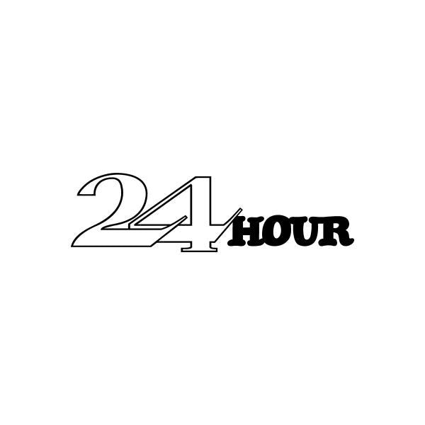 24 hour vinyl decal sticker, bold black lettering with white outline.
