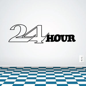 Vinyl wall decal with 24 HOUR lettering and blue checkered base