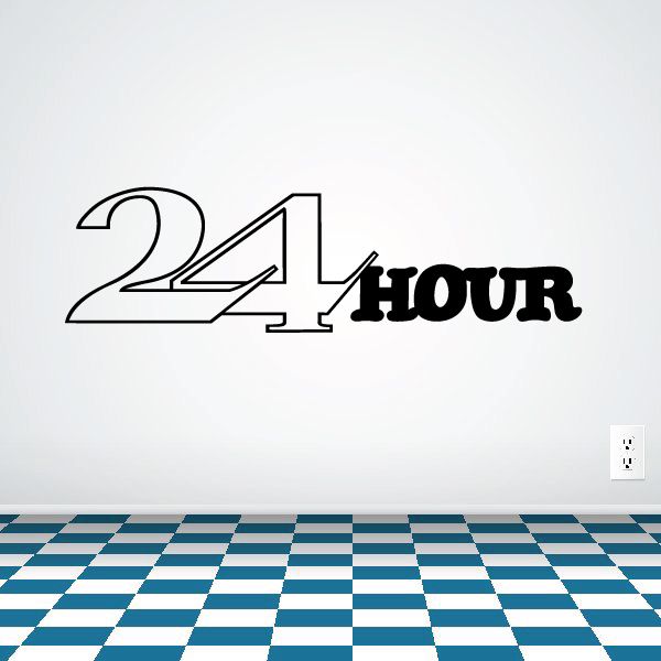 Vinyl wall decal with 24 HOUR lettering and blue checkered base