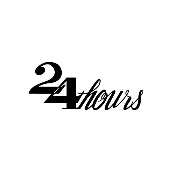 Vinyl decal sticker with “24 hours” text, black lettering on light background