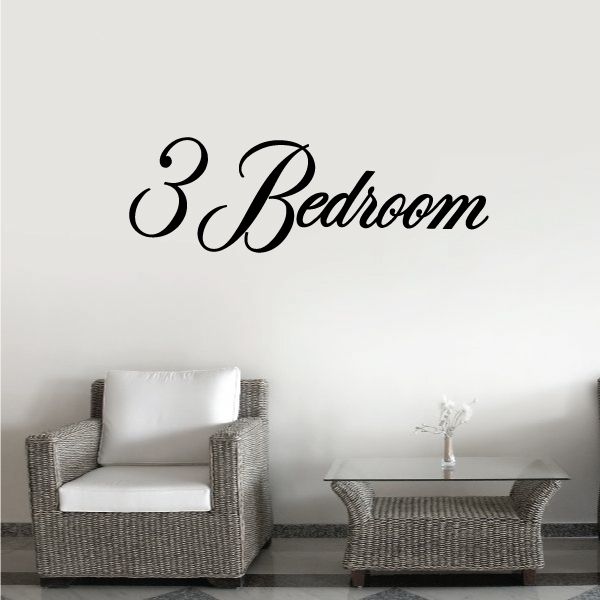 Black vinyl wall decal reading "3 Bedroom" in cursive script