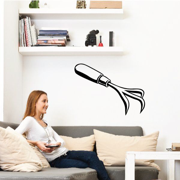 Garden cultivator wall decal, black three-tine outline