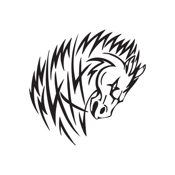 Bucking horse head decal with spiky mane, bold black design