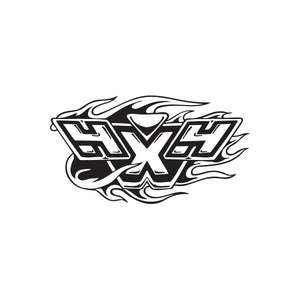 4 x 4 flames decal, stylized flame lettering in black with white fill