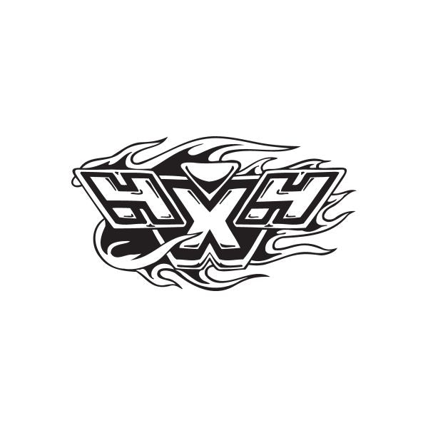 4 x 4 flames decal, stylized flame lettering in black with white fill