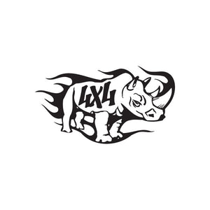 Black flaming rhino decal with stylized flames and horned animal graphic