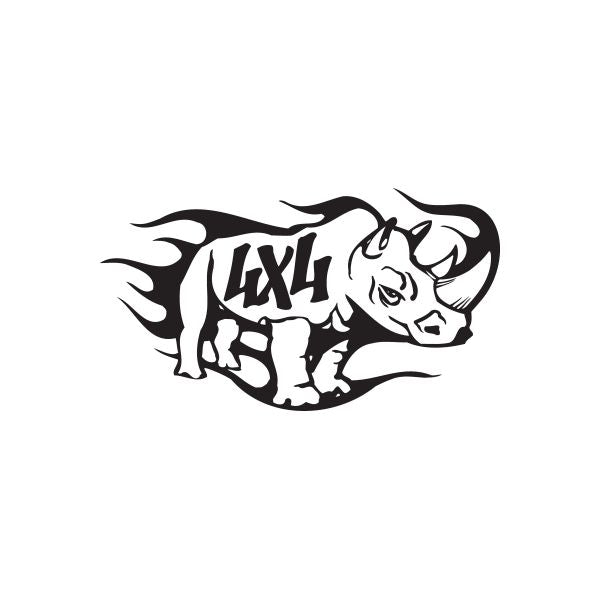 Black flaming rhino decal with stylized flames and horned animal graphic