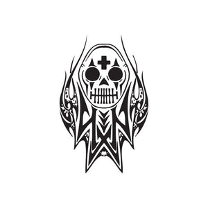 Flaming skull decal with black-and-white skull in tribal flame design