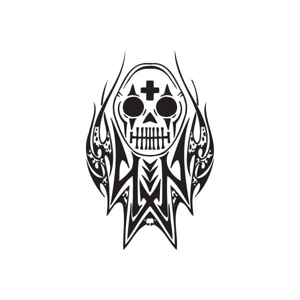 Flaming skull decal with black-and-white skull in tribal flame design