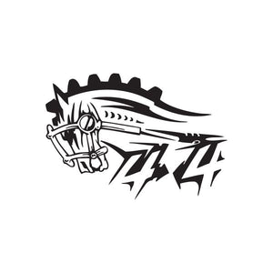 Horsepower gear decal with stylized horse head in black and white