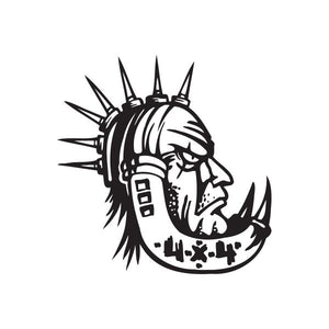 Tribal off-road man face decal with spiked helmet, black graphic on white